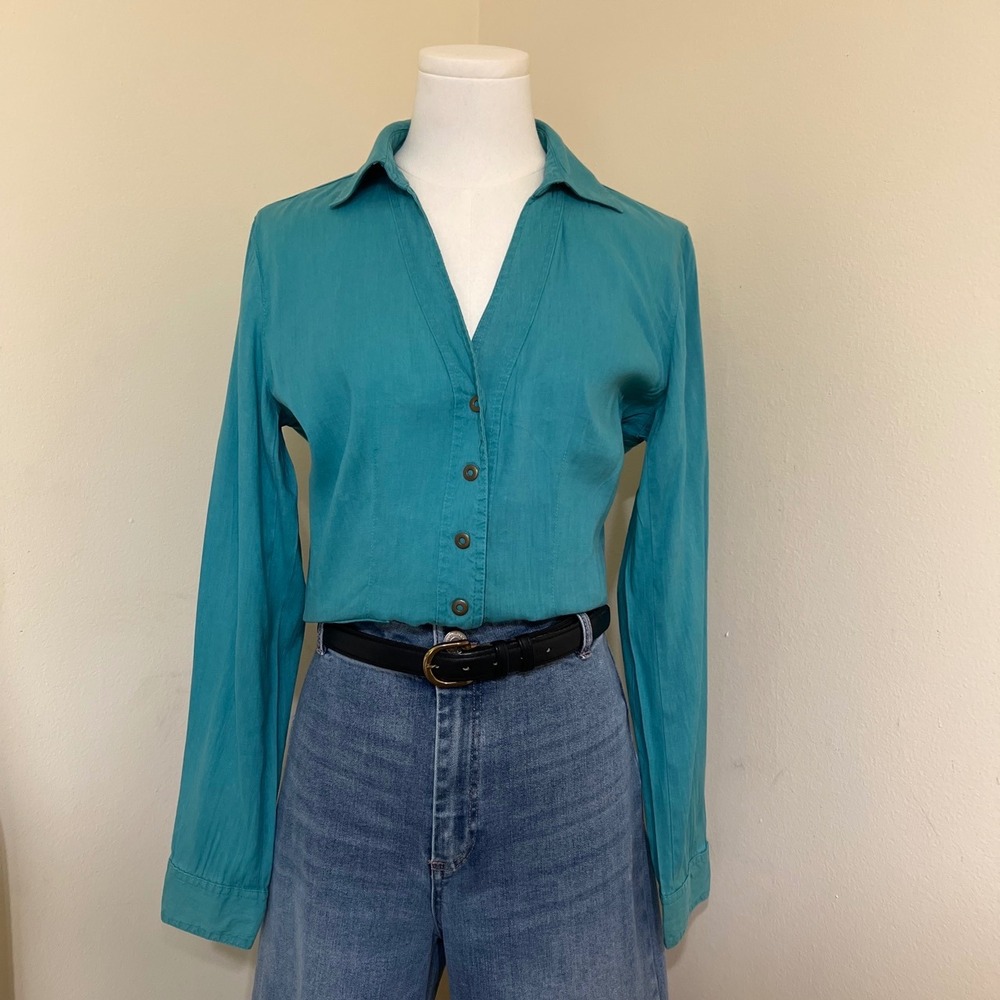 Elliott Lauren Teal Blue Linen Blend Button Front Cargo Pocket Blouse Top 4